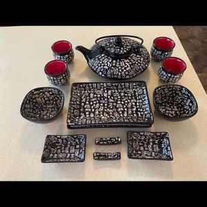 Tea pot with cups and bowls, plates with chopstick holders from Hong Kong NEW